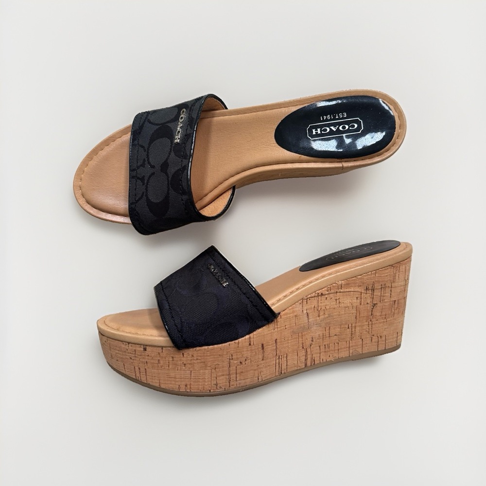 Coach Joanne Womens Sz 8.5 Slide Wedge Sandals Black Leather Signature Logo